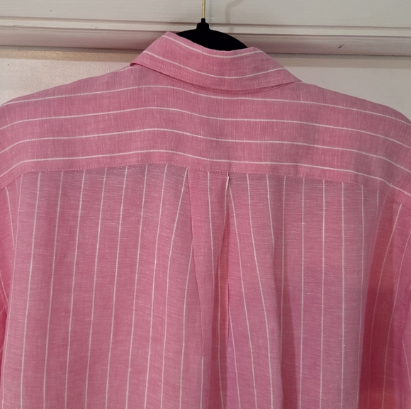 Women's J. McLaughlin Britt Linen Pink With White Pin Stripes Blouse, Size L - Picture 9 of 13